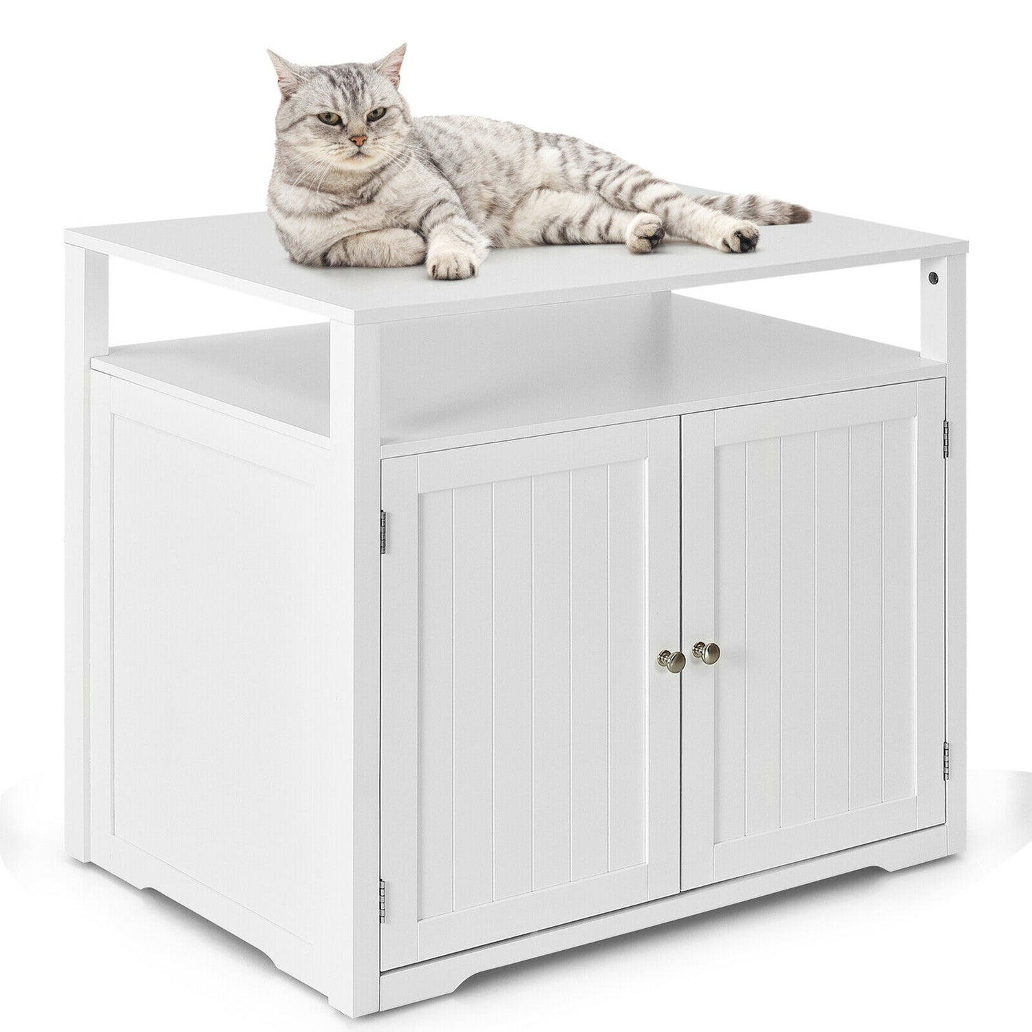 Gymax Wooden Cat Litter Box Enclosure Hidden Cat Washroom W/ Storage Layer White
