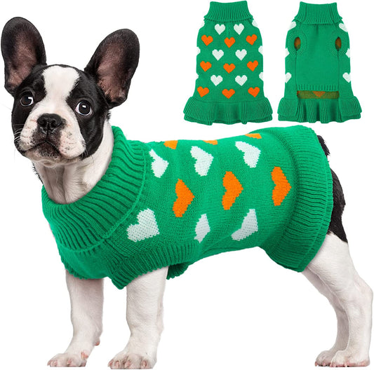 Kuoser Dog Sweater, Knitwear Turtleneck Winter Warm Puppy Clothing, Heart Pullover Pet Coat Cute Dog Sweater Dress for Small & Medium Dogs Cats with Leash Hole Xs-Xl(Green,Xl) Animals & Pet Supplies > Pet Supplies > Dog Supplies > Dog Apparel Kuoser Green X-Large (pack of 1) 