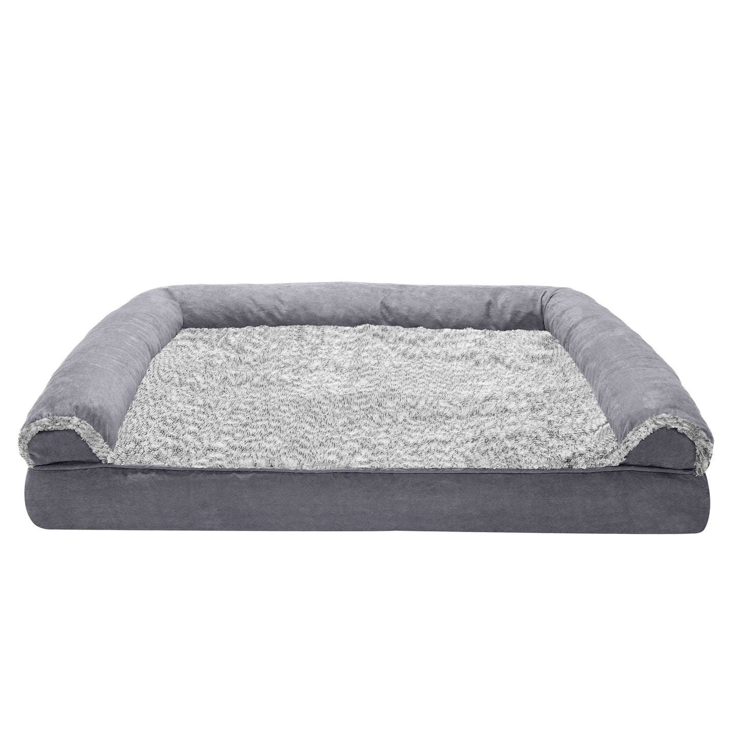 Furhaven Pet Products Full Support Orthopedic Two-Tone Faux Fur & Suede Sofa Pet Bed for Dogs & Cats, Stone Gray, Jumbo