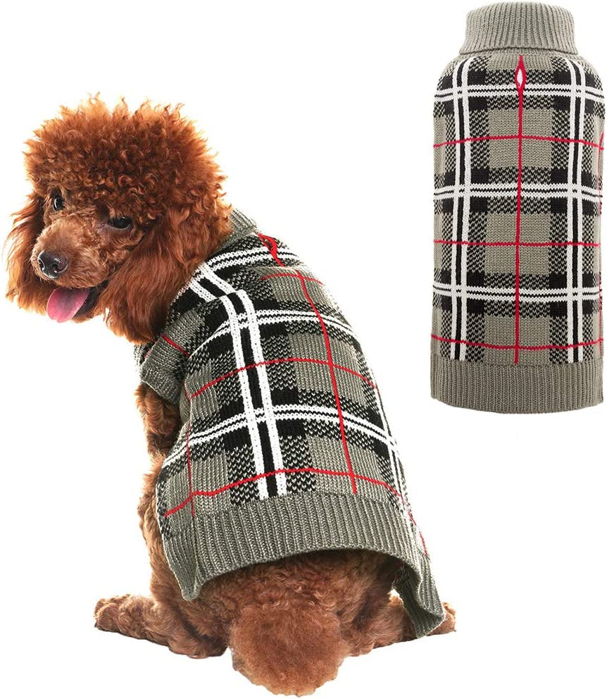 PUPTECK Classic Plaid Style Dog Sweater - Puppy Festive Winter Cloth Animals & Pet Supplies > Pet Supplies > Dog Supplies > Dog Apparel Beibao Grey XS - Chest 15"-16", Length 10" 