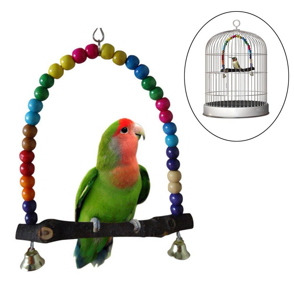 Colorful Wood Beads and Bells Pet Bird Parrot Parakeet Budgie Cockatiel Cage Hammock Swing Toys Hanging Toy