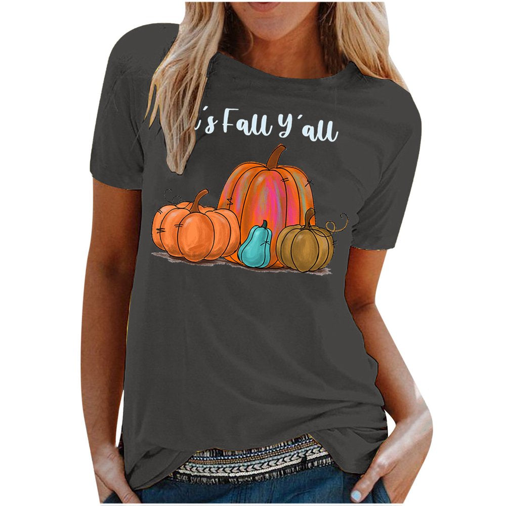 It'S Fall Y'All Women Tops Short Sleeve Pumpkin Graphic Tees Shirts 2022 round Neck Cute T-Shirt Animals & Pet Supplies > Pet Supplies > Cat Supplies > Cat Apparel BRKEWI B-Gray L 
