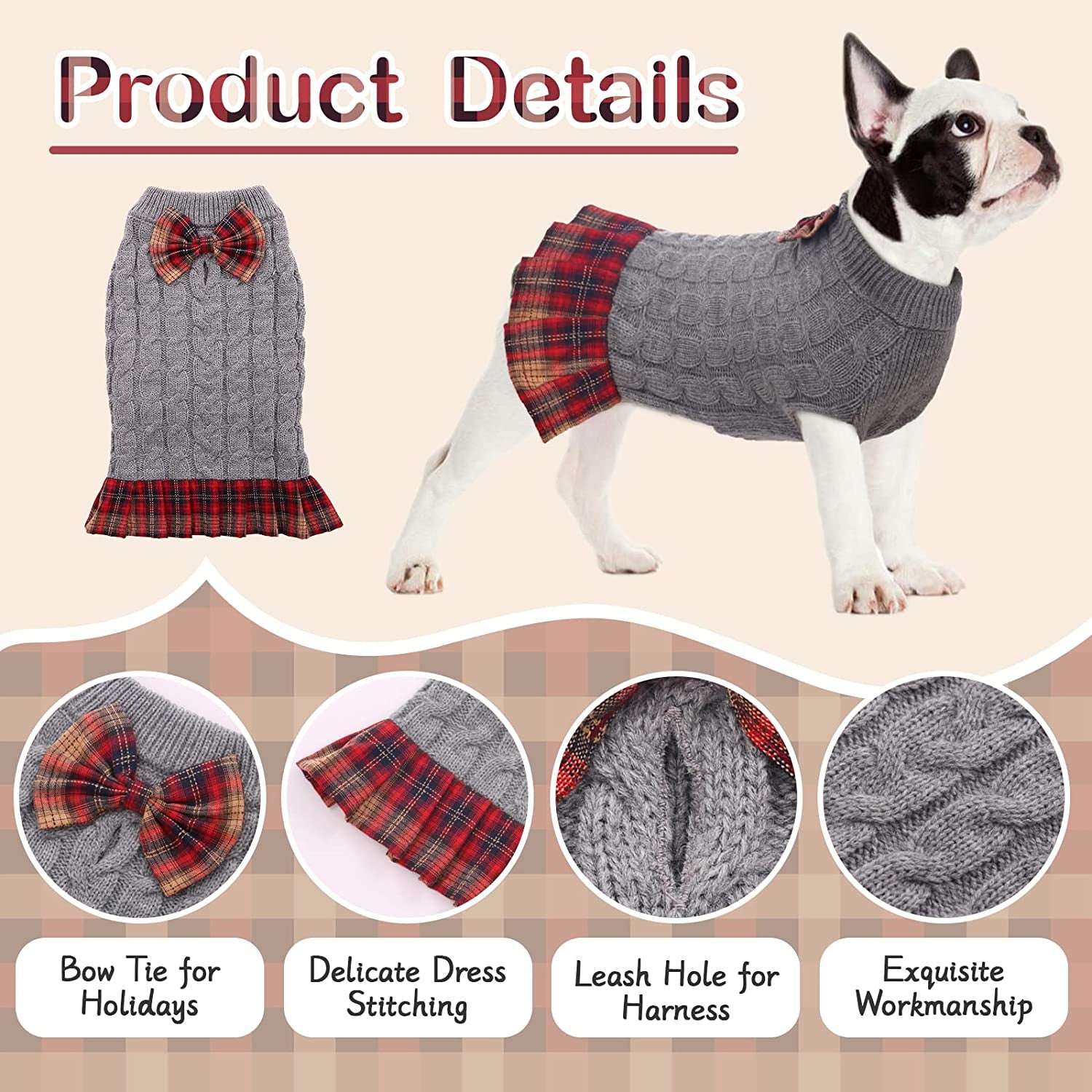 Kuoser Dog Sweater, Dog British Style Sweater Dress Warm Dog Sweaters Knitwear Vest Turtleneck Pullover Dog Coat for Small Medium Dogs Puppies Bulldog for Fall Winter with Leash Hole M Animals & Pet Supplies > Pet Supplies > Dog Supplies > Dog Apparel Kuoser   