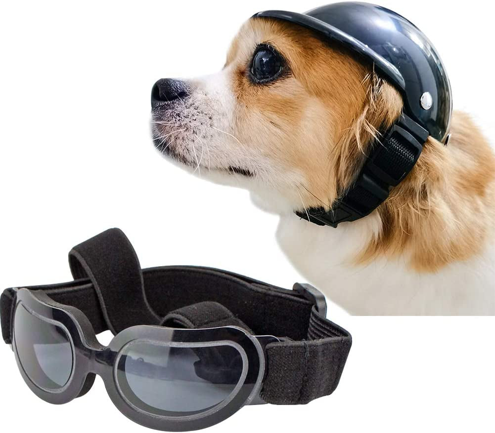 La La Pet® Pet Helmet with Dog Goggles Pet Doggie Cap Hat Dog Sunglasses Pet Eye Wear Cat UV Protection Sun Glasses for Puppy Dog Travel Skiing, Helmet S + Black Goggles Animals & Pet Supplies > Pet Supplies > Dog Supplies > Dog Apparel La La Pet Black Goggles Helmet M 