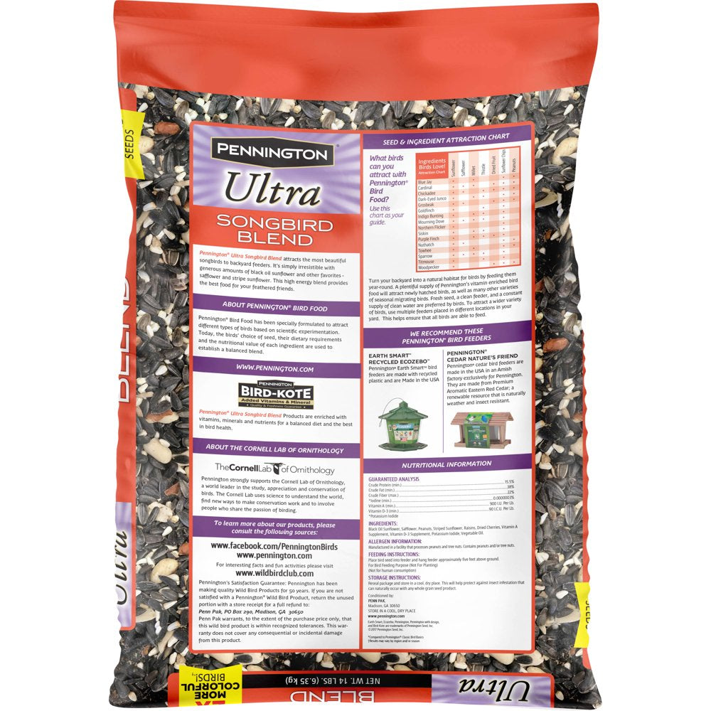 Pennington Ultra Songbird Blend Wild Bird Feed and Seed, 14 Lb. Bag Animals & Pet Supplies > Pet Supplies > Bird Supplies > Bird Treats CENTRAL GARDEN & PET COMPANY   