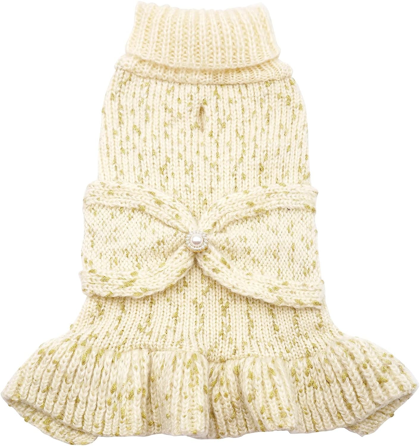 KYEESE Dog Sweater Dress with Golden Thread Turtleneck Dog Knitwear with Bowtie for Small Dogs Dog Coat Fall Winter, Beige,M Animals & Pet Supplies > Pet Supplies > Dog Supplies > Dog Apparel kyeese 2#Golden Thread (Beige) XX-Large (35-60lbs) 