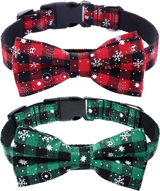 Malier 2 Pack Dog Collar with Bow Tie, Christmas Classic Plaid Snowflake Dog Collar with Light Adjustable Buckle Suitable for Small Medium Large Dogs Cats Pets (Large, Red + Green)
