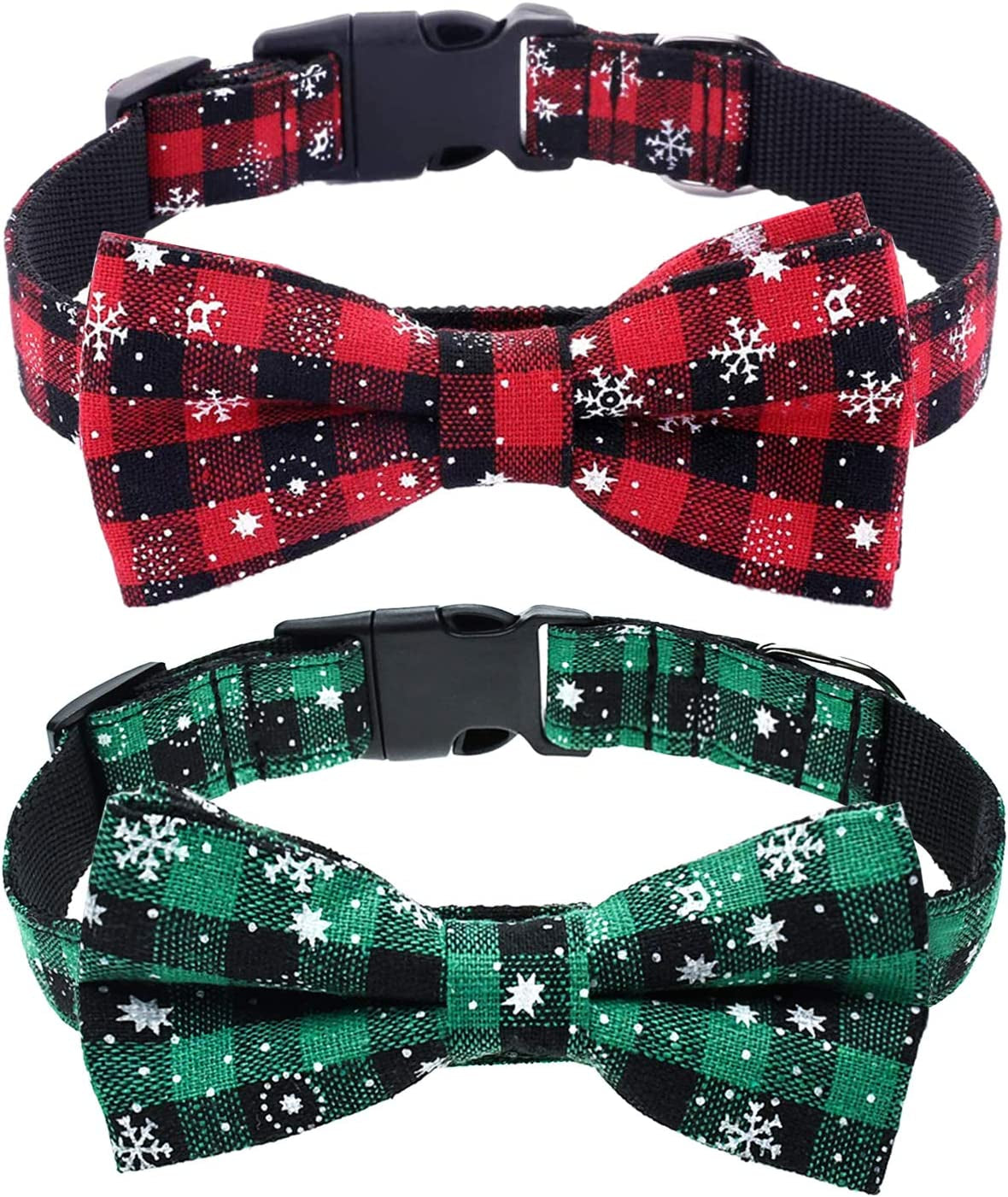 Malier 2 Pack Dog Collar with Bow Tie, Christmas Classic Plaid Snowflake Dog Collar with Light Adjustable Buckle Suitable for Small Medium Large Dogs Cats Pets (Large, Red + Green) Animals & Pet Supplies > Pet Supplies > Dog Supplies > Dog Apparel Malier Red + Green Large 