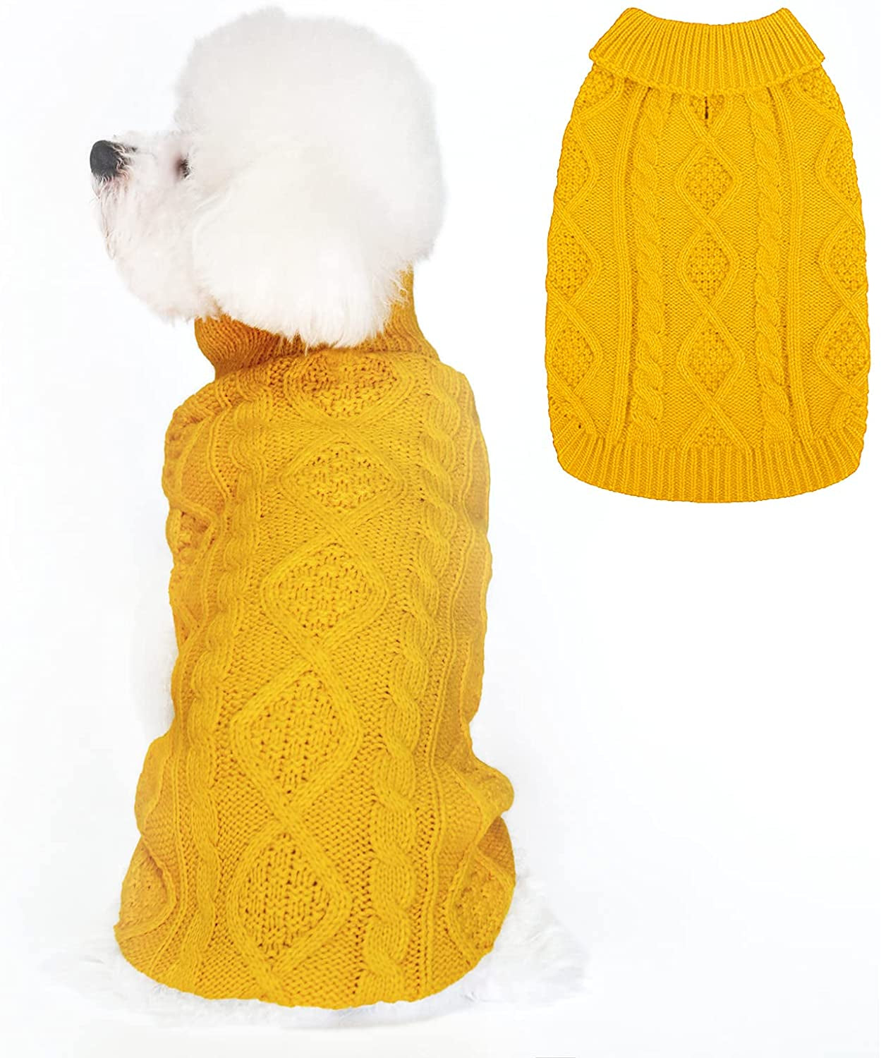 Dog Sweater - Classic Turtleneck Knitted Cable Knit Dog Jumper Coat, Warm Pet Winter Clothes Outfits for Pet Dogs Cats Puppy Kitty in Cold Season (Yellow, Medium) Animals & Pet Supplies > Pet Supplies > Dog Supplies > Dog Apparel Bwealth Yellow XX-Small 