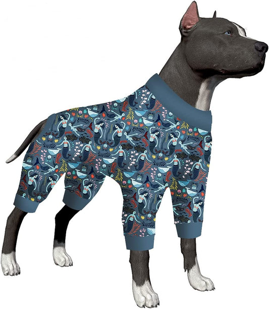 Lovinpet Dogs Outfit, Large Dog Pjs, Lightweight Stretchy Fabric Mermaid Long Twilight Slate Blue Prints Dog Jumpsuit, Sun Protection, Pet Anxiety Relief, Easy Wearing Dog Party Costume XXL