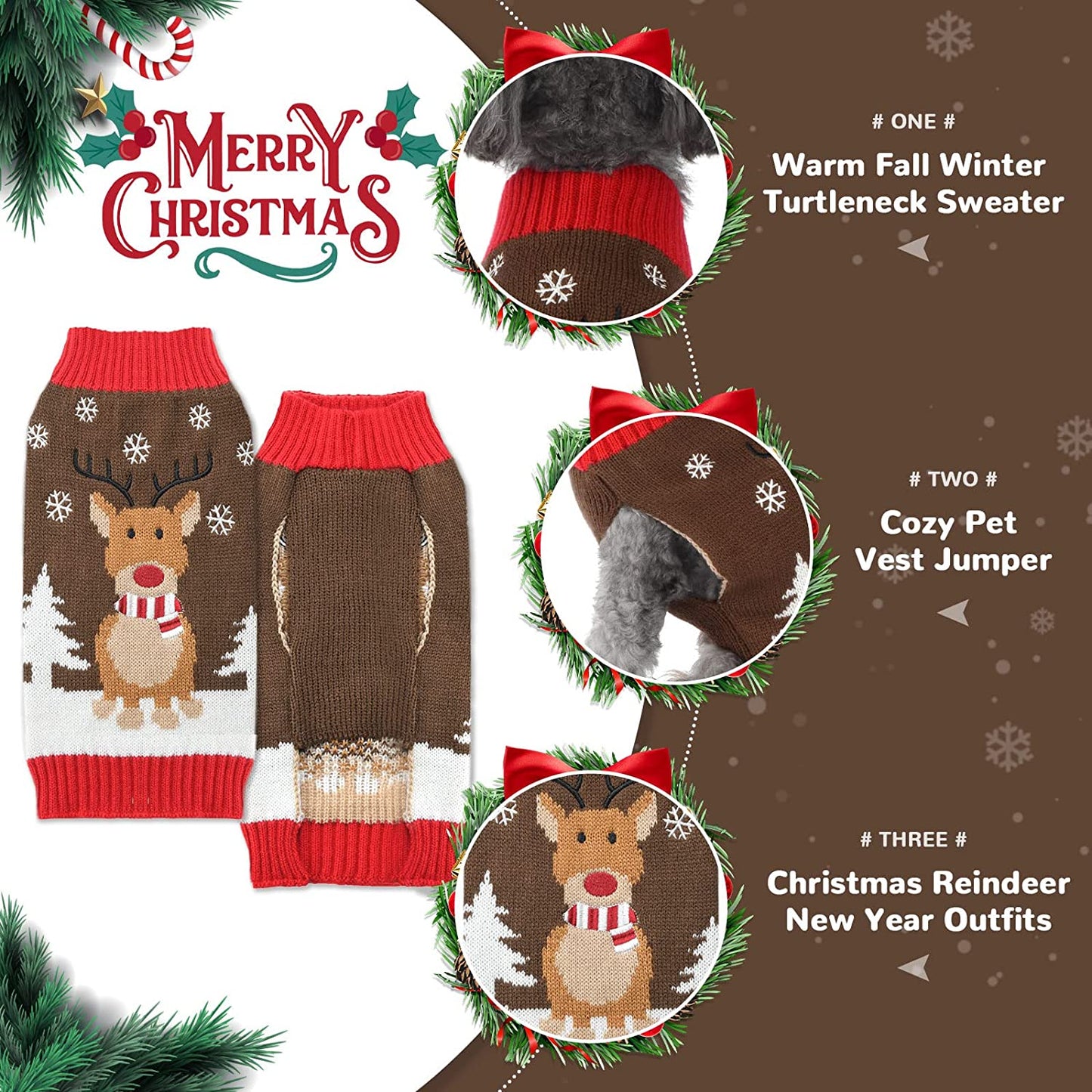 PETCARE Dog Christmas Sweater Costume Cute Ugly Funny Brown Reindeer Christmas Sweater for Dogs Cats Clothes Warm Fall Winter Holiday Pullover Outfits Vest for Small Medium Large Dogs Puppy Xmas,M Animals & Pet Supplies > Pet Supplies > Dog Supplies > Dog Apparel PETCARE   