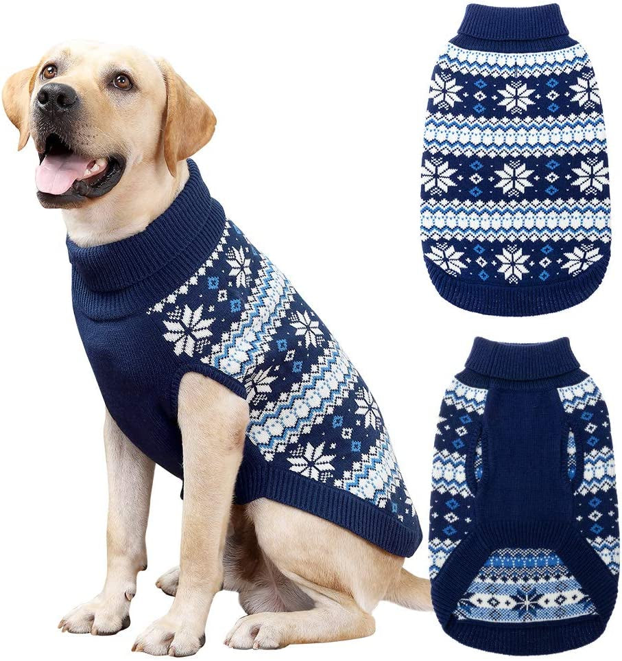 Cable Knit Dog Sweater Turtleneck, Warm & Comfortable Dog Cold Weather Clothes with Snowflake Pattern, Classic Knitwear Dog Winter Coat Outfits for Small Medium Large Dogs Animals & Pet Supplies > Pet Supplies > Dog Supplies > Dog Apparel KOOLTAIL Navy blue Medium 