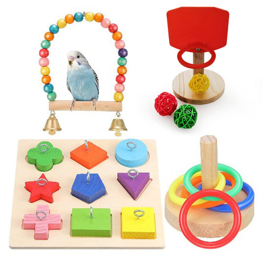 Hemousy Parrot Toy 4-Piece Set - Bird Toys Basketball & Swing Toys, Puzzle Stacking Ring Toys, Suitable for Small Parakeets Cockatiels, Conures, Macaws, Parrots, Love Birds, Finches Game Toys Animals & Pet Supplies > Pet Supplies > Bird Supplies > Bird Toys Hemousy   
