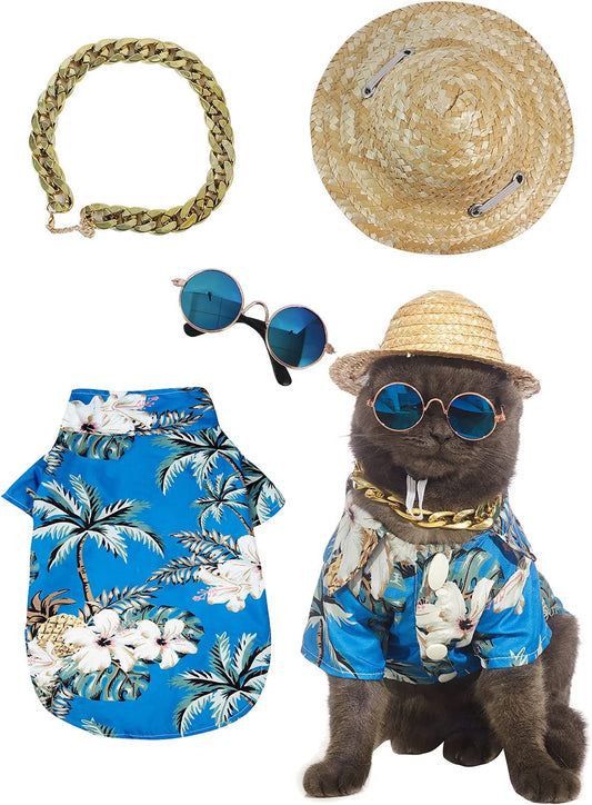 Impoosy Hawaiian Dog T Shirts Pet Summer Clothes Cat Sunglasses Funny Straw Hat Kitten Costumes with Gold Chain Collar (Large,Blue) Animals & Pet Supplies > Pet Supplies > Dog Supplies > Dog Apparel Impoosy Blue Large (Neck:12.5"Bust:19.3") 