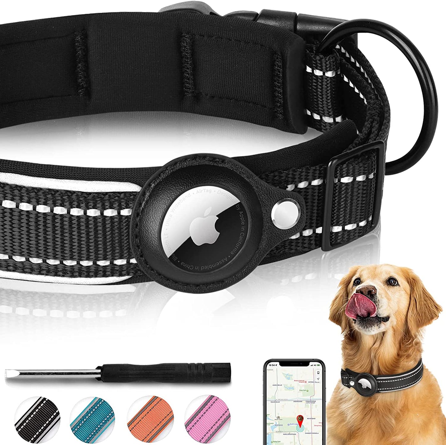 Reflective Airtag Dog Collar, FEEYAR Padded Apple Air Tag Dog Collar, Heavy Duty Dog Collar with Airtag Holder Case, Adjustable Air Tag Accessories Pet Collar for Small Medium Large Dogs Electronics > GPS Accessories > GPS Cases FEEYAR Black L（17"-20"） 