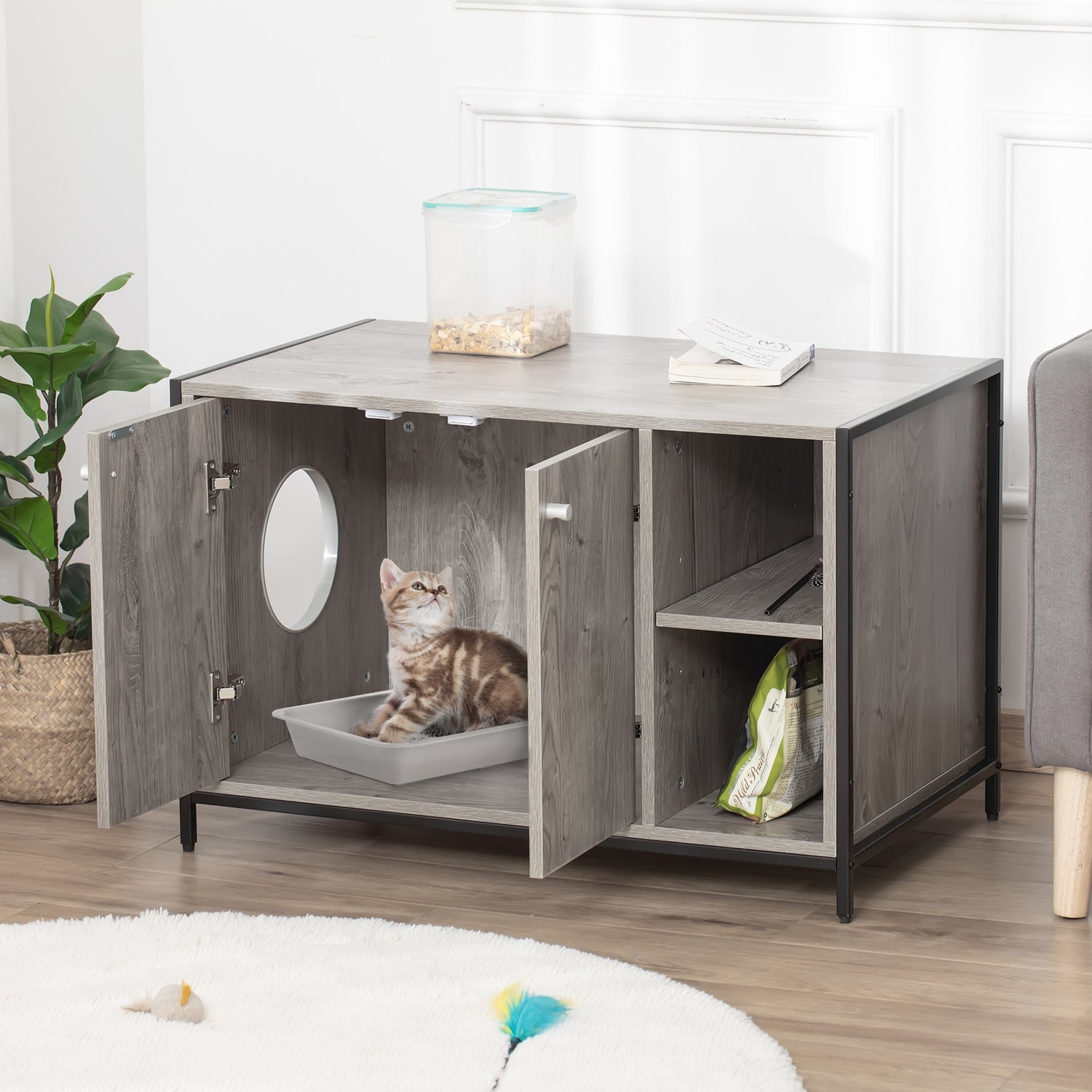 Cat Litter Box Enclosure, Hidden Adjustable Cat Furniture with Damping Hinge, Grey