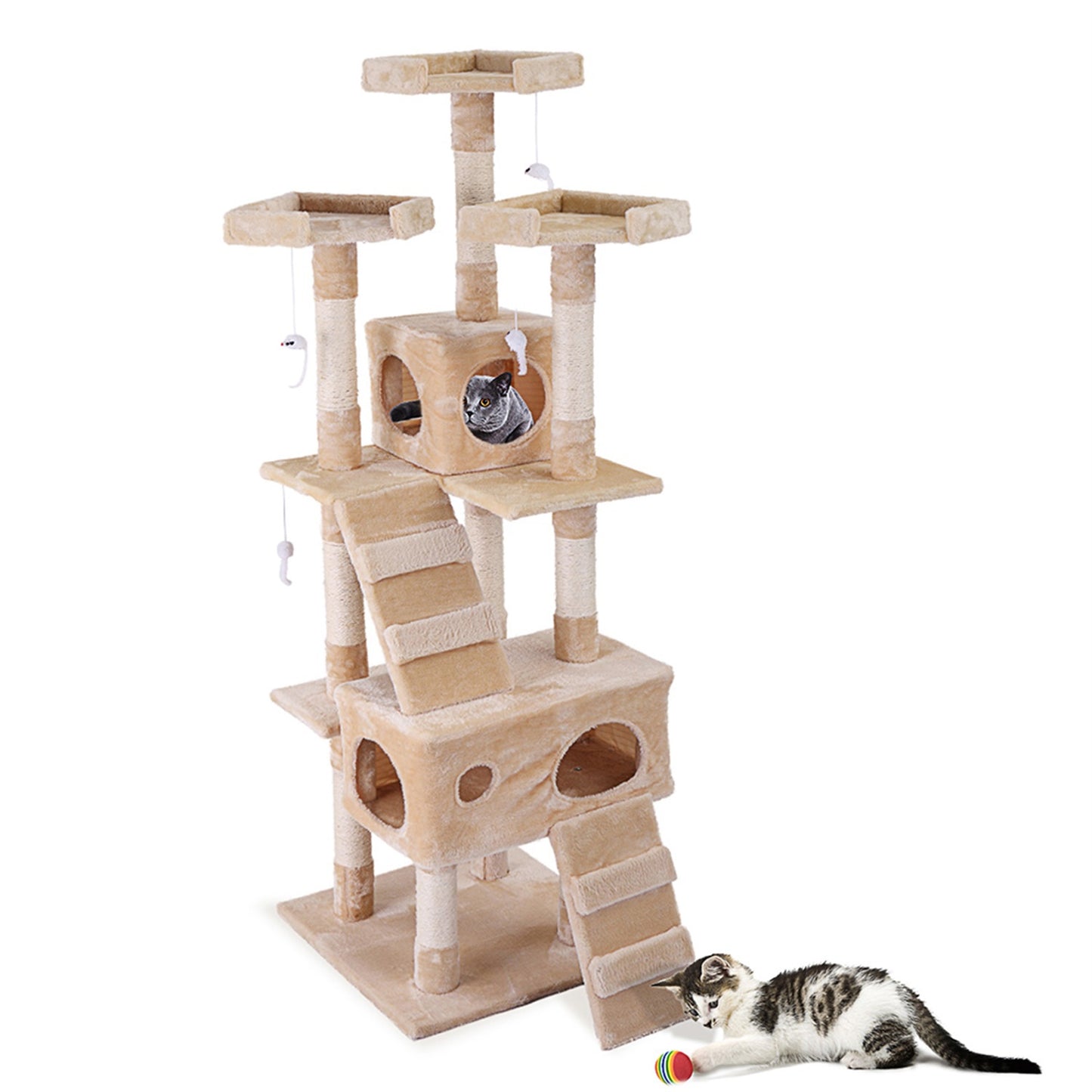 Pefilos 67" Cat Tree Condo for Multiple Cats Furniture Cat Tree House for Outdoor Cat Tree Tower for Indoor Cats Large Pet Club Cat Tree Furniture, Beige