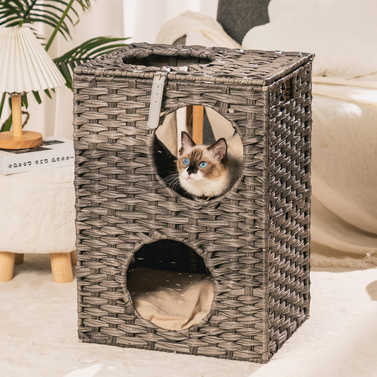 Topcobe Indoor Wicker Cat Condos with Rattan Ball & Cushion, Rattan Pet Bed for Kitty, Gray Animals & Pet Supplies > Pet Supplies > Cat Supplies > Cat Beds Topcobe Gray  