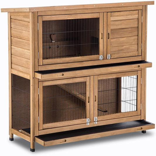 Lovupet Rabbit Hutch Cage with Pull Out Tray, 2 Story Indoor Outdoor Wooden Bunny Cage, Rabbit House with Run Ramp for Guinea, Habitat, Small Animals Pets
