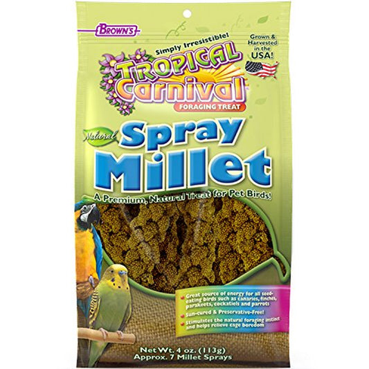 F.M. Brown'S Tropical Carnival, Natural Spray Millet, Daily Natural Foraging Treat for Seed-Eating Birds, Sun-Cured and Preservative Free, 4 Oz Bag (7 Pack) Animals & Pet Supplies > Pet Supplies > Bird Supplies > Bird Treats Tropical Carnival   