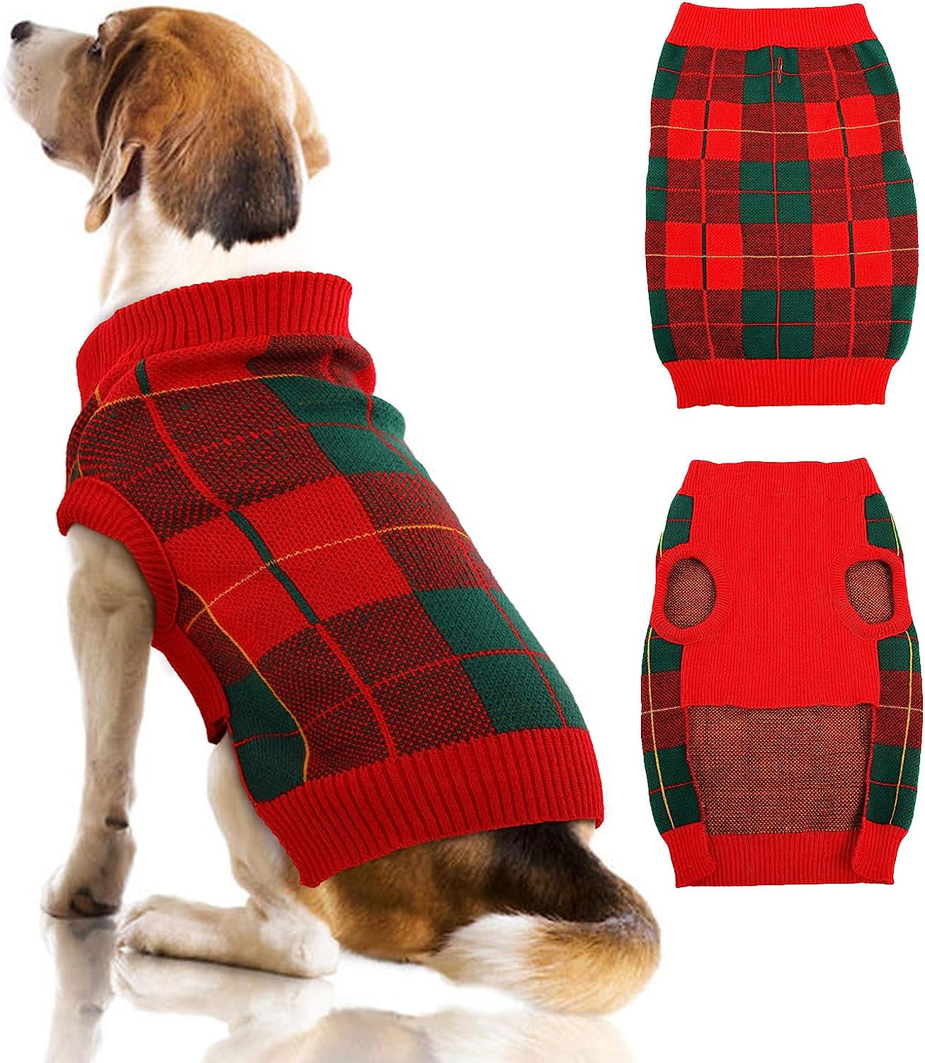 Dog Sweater Vest Turtleneck Dogs Knitted Sweatshirt with Harness Hole，Cold Weather Puppies Grid Pullover Pajamas， Fall Winter Pet Warm Clothes Christmas Costumes for Small Medium Dogs Cats Animals & Pet Supplies > Pet Supplies > Dog Supplies > Dog Apparel QBLEEV Red-Green XL:Chest Girth=22.0"-25.6" 