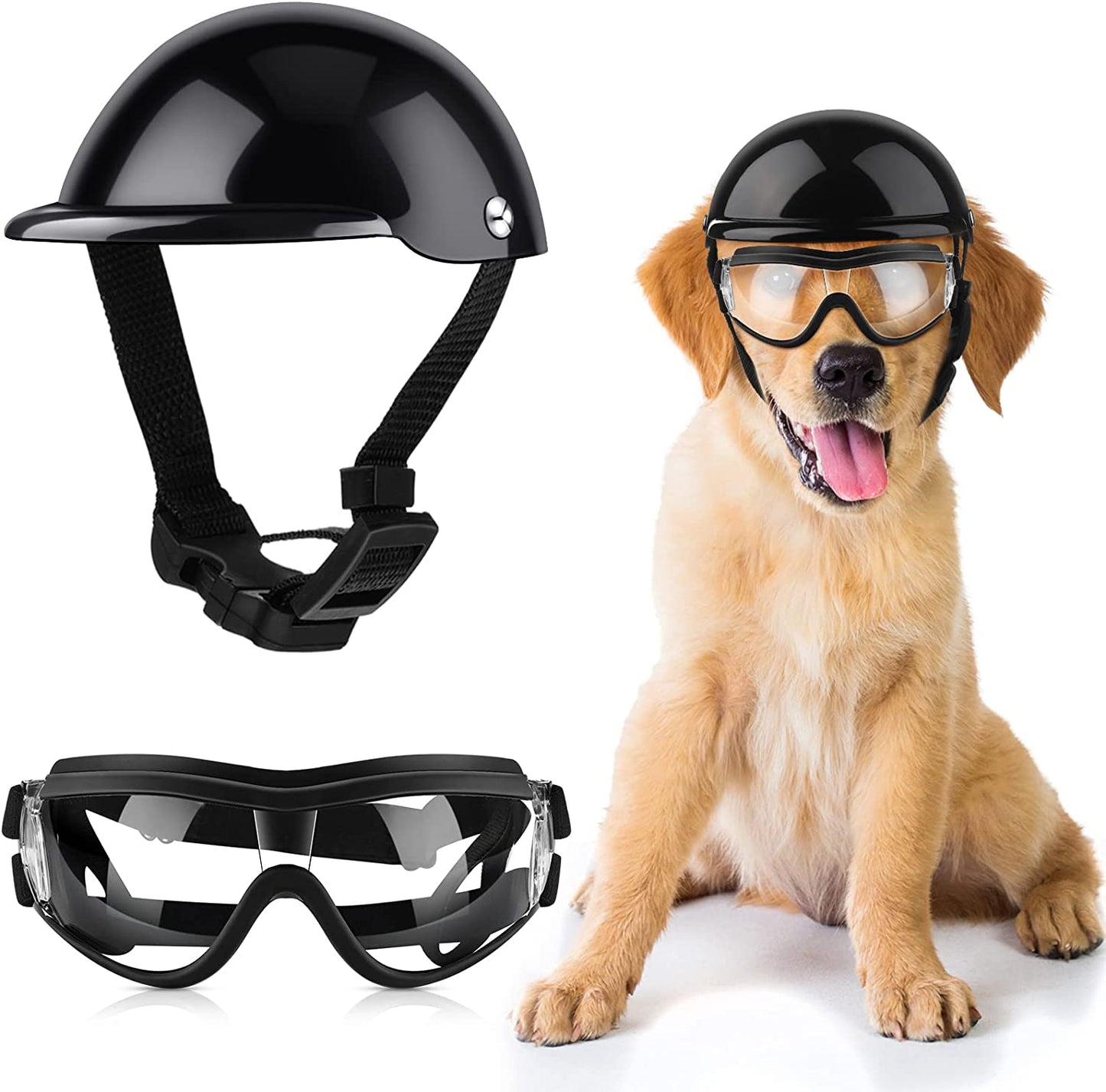 2 Pcs Dog Sunglasses and Pet Helmet Set with Dog Goggles, Dust Wind UV Protection Dog Glasses Dog Helmet and Goggles Adjustable Dog Motorcycle Helmet Bike Hat for Medium or Large Pet Dog(Cool Style) Animals & Pet Supplies > Pet Supplies > Dog Supplies > Dog Apparel Potchen Cute Style  