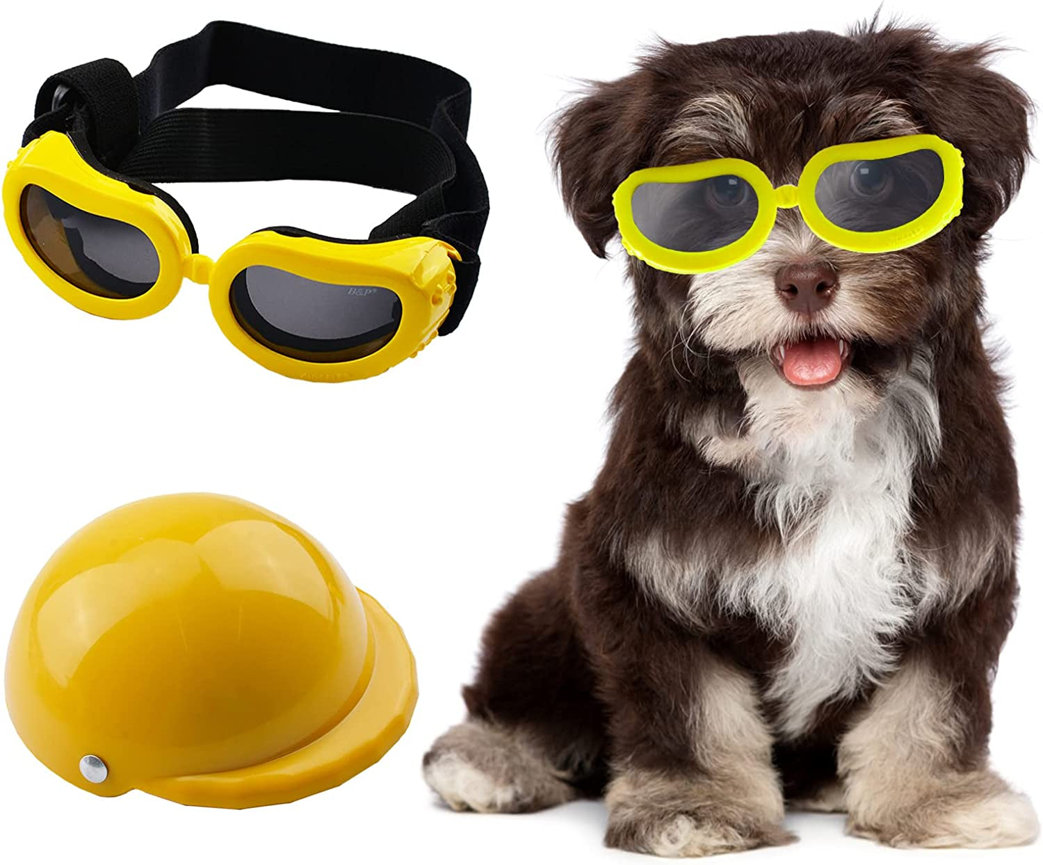 HACRAHO Dog Helmet and Goggles Set, 2 PCS Yellow 4 Inch Pet Dog Motorcycle Helmet and Sunglasses Dog Safety Cap with Adjustable Strap and Pet Goggles with Elastic Strap for Small Medium Dogs Animals & Pet Supplies > Pet Supplies > Dog Supplies > Dog Apparel HACRAHO   