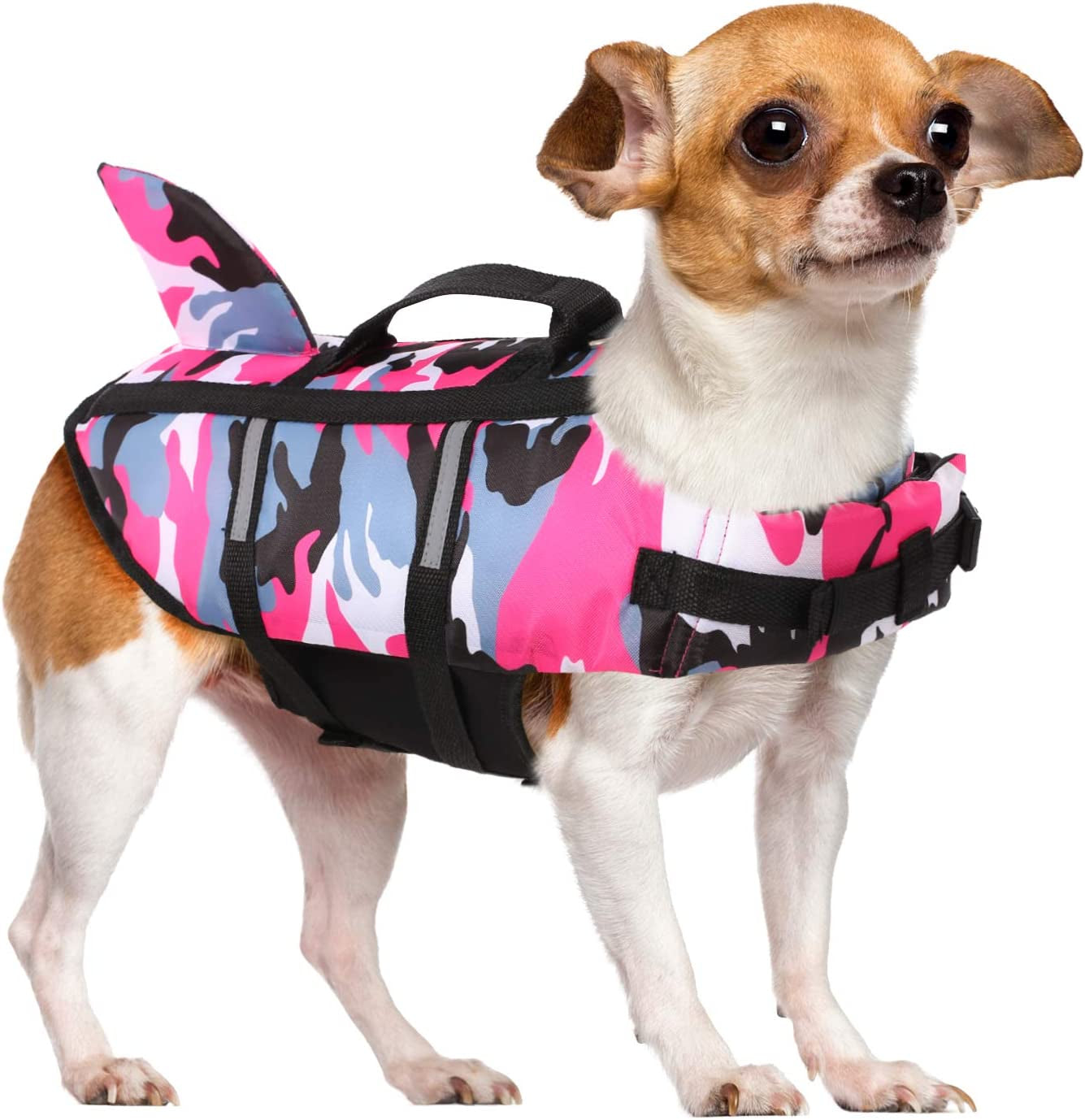 Queenmore Dog Life Jacket Pet Safety Vest High Buoyancy Camouflage Color Cute Shark with Strong Rescue Handle and Leash Ring for Boating, Canoeing, Surfing, Hunting, Blue M Animals & Pet Supplies > Pet Supplies > Dog Supplies > Dog Apparel Queenmore Pink Small 