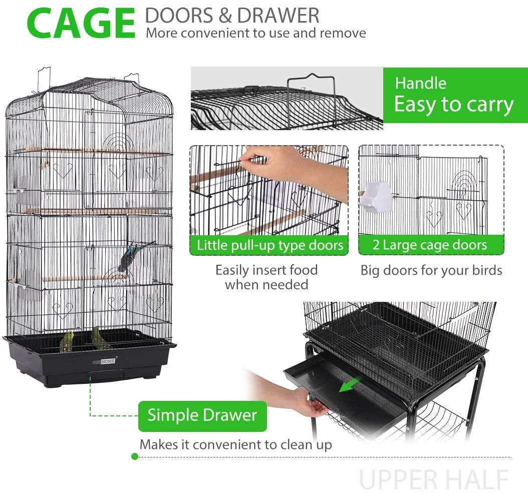 VIVOHOME 59.8 Inch Wrought Iron Bird Cage with Play Top and Rolling Stand for Parrots Conures Lovebird Cockatiel Parakeets Animals & Pet Supplies > Pet Supplies > Bird Supplies > Bird Cages & Stands VIVOHOME   