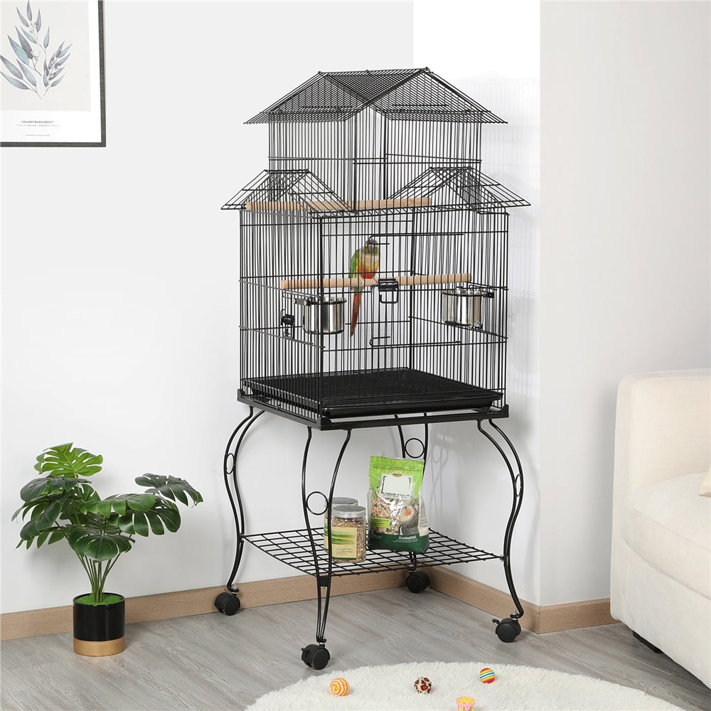 Easyfashion Large Metal Rolling Bird Cage Parrot Aviary Canary Pet Perch with Stand, Black Animals & Pet Supplies > Pet Supplies > Bird Supplies > Bird Cages & Stands Easyfashion   