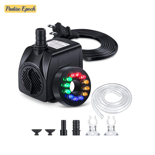 Fountain Pump with LED Light, 220GPH(15W 900L/H) Submersible Water Pump, Durable Outdoor Fountain Water Pump with 6.5Ft Tubing (ID X 1/3-Inch) , 3 Nozzles for Aquarium, Pond, Fish Tank Animals & Pet Supplies > Pet Supplies > Fish Supplies > Aquarium & Pond Tubing KOL PET   