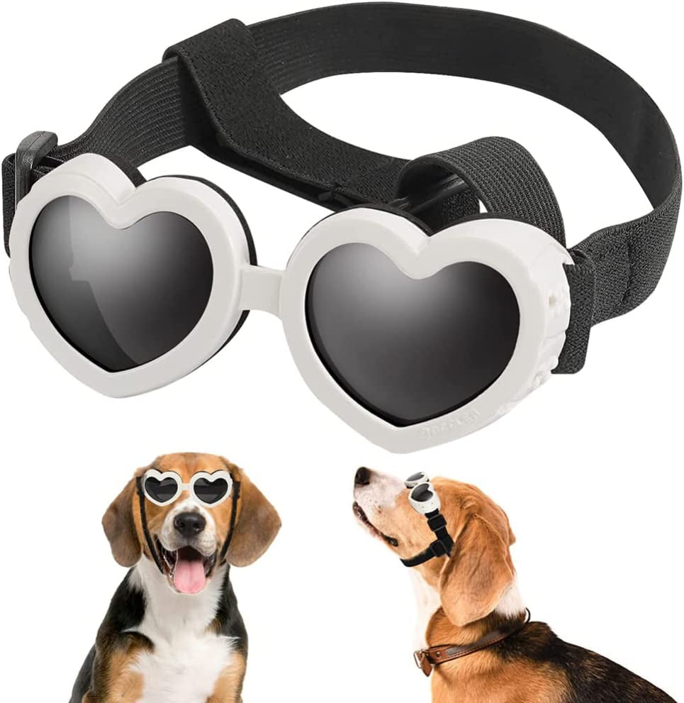 Mekek Dog Sunglasses Dog Goggles, UV Protection Doggy Sunglasses Love Shaped Dog Sunglasses Fashionable Vintage Pet Glasses Eye Wear Protection with Adjustable Strap for Small or Medium Dog Animals & Pet Supplies > Pet Supplies > Dog Supplies > Dog Apparel Mekek White  