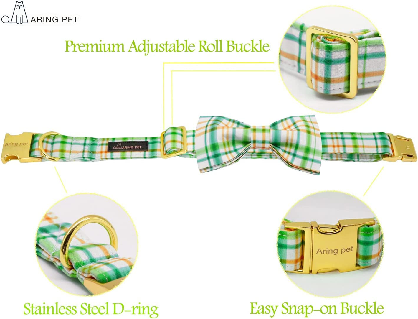 ARING PET Bowtie Dog Collar, Adorable Green Grid Dog Collars with Detachable Bow, Adjustable Collar Gifts for Small Medium Large and Girl Boy Dogs Animals & Pet Supplies > Pet Supplies > Dog Supplies > Dog Apparel ARING PET   