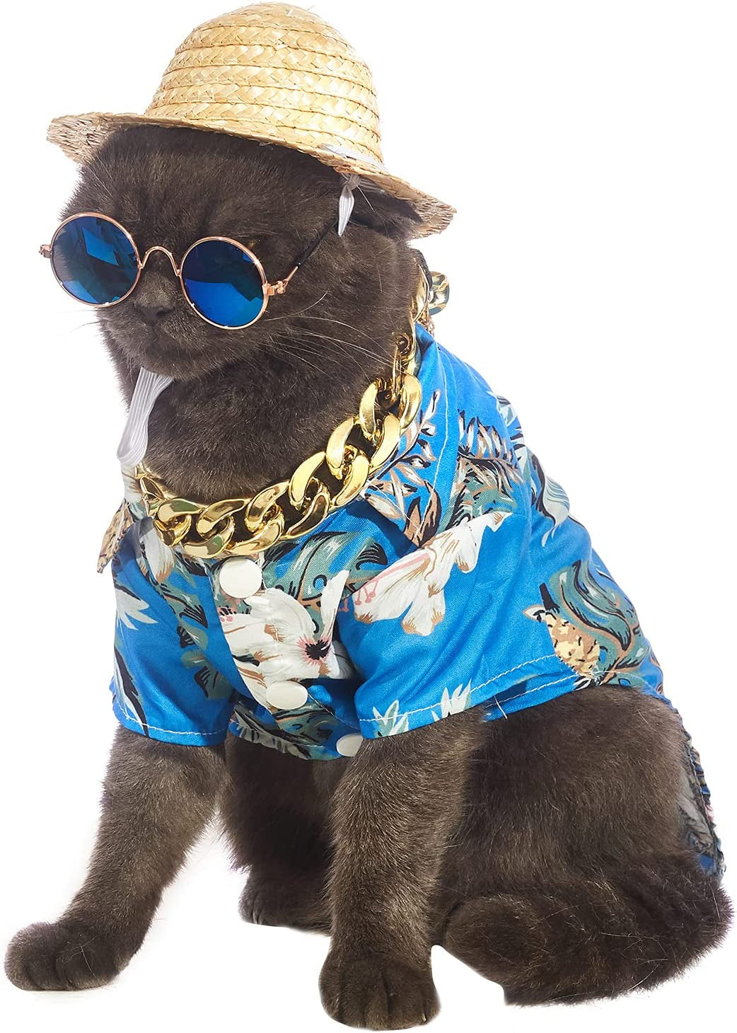 Impoosy Hawaiian Dog T Shirts Pet Summer Clothes Cat Sunglasses Funny Straw Hat Kitten Costumes with Gold Chain Collar (Large,Blue) Animals & Pet Supplies > Pet Supplies > Dog Supplies > Dog Apparel Impoosy   