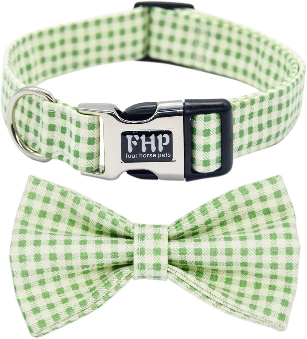 Fourhorse Cute Soft Dog and Cat Collar with Bowtie , Detachable Adjustable Bow Tie Collar Pet Gift (M, Blue Grid) Animals & Pet Supplies > Pet Supplies > Dog Supplies > Dog Apparel Fourhorse green grid XS 