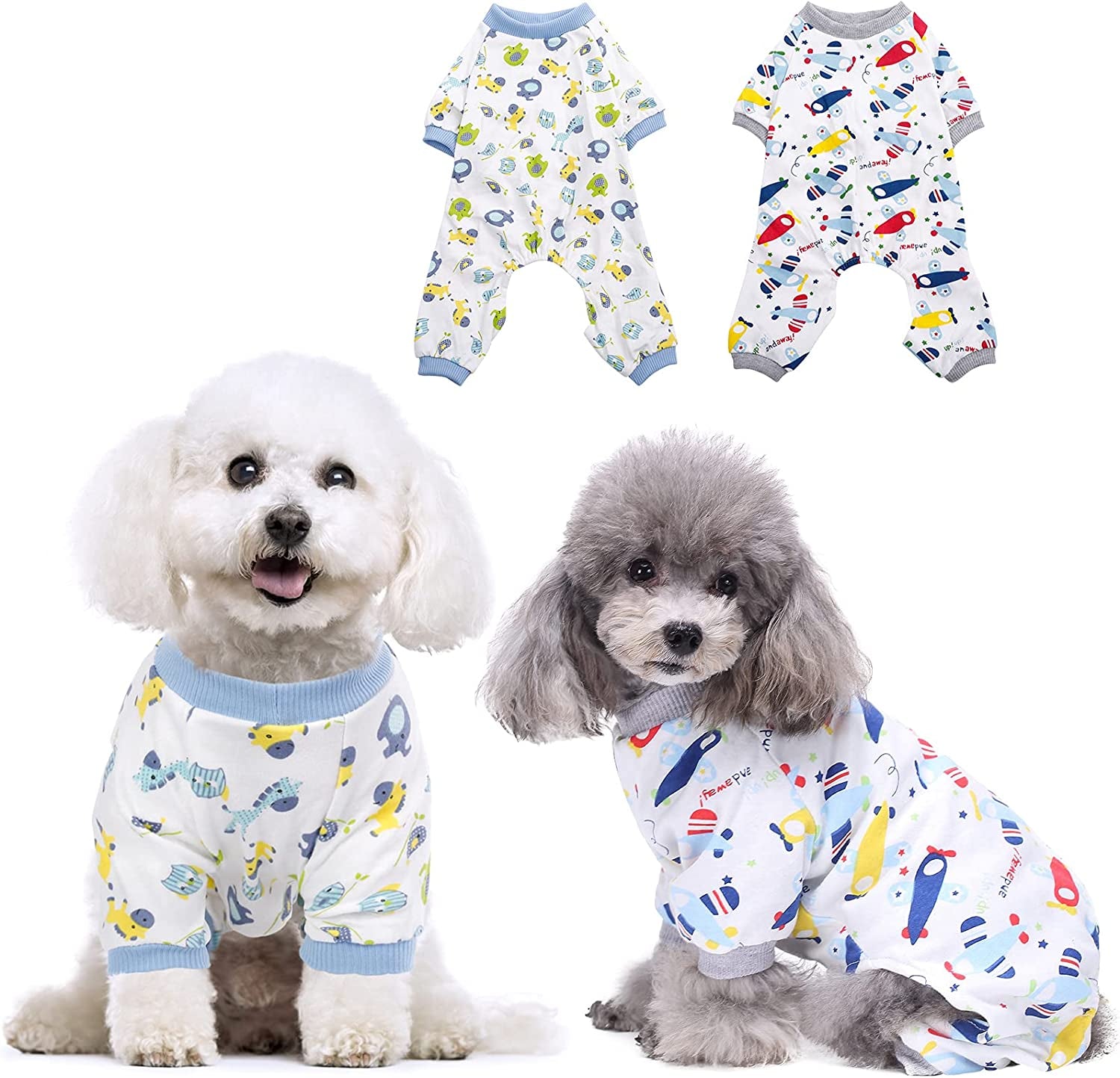 KOESON 2 Pack Cotton Dog Pajamas, Cozy Stretchy Cat Onesie Pet Jumpsuit Clothes with Cute Fruit/Animal Pattern, Soft Breathable Puppy Rompers Bodysuit Shirts for Small Medium Dogs Cats Animals & Pet Supplies > Pet Supplies > Dog Supplies > Dog Apparel KOESON Blue Horse & Plane Small 