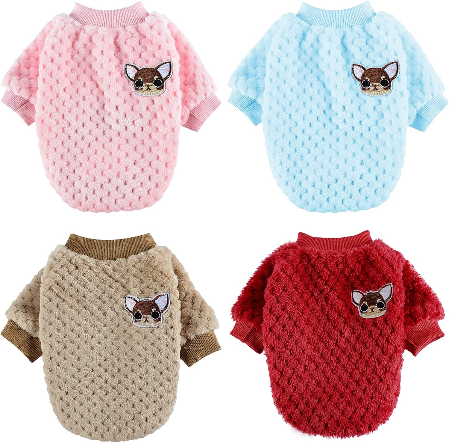 4 Pieces Small Dog Sweaters Chihuahua Fleece Clothes XXS~S Winter Warm Puppy Sweaters Boys Girls Tiny Dog Outfits for Teacup Yorkie Puppies Extra Small Breed Costume (X-Small Bust 10.23") Animals & Pet Supplies > Pet Supplies > Dog Supplies > Dog Apparel Kosiyi Red+Brown+Blue+Pink Large (12-16 Ib) 