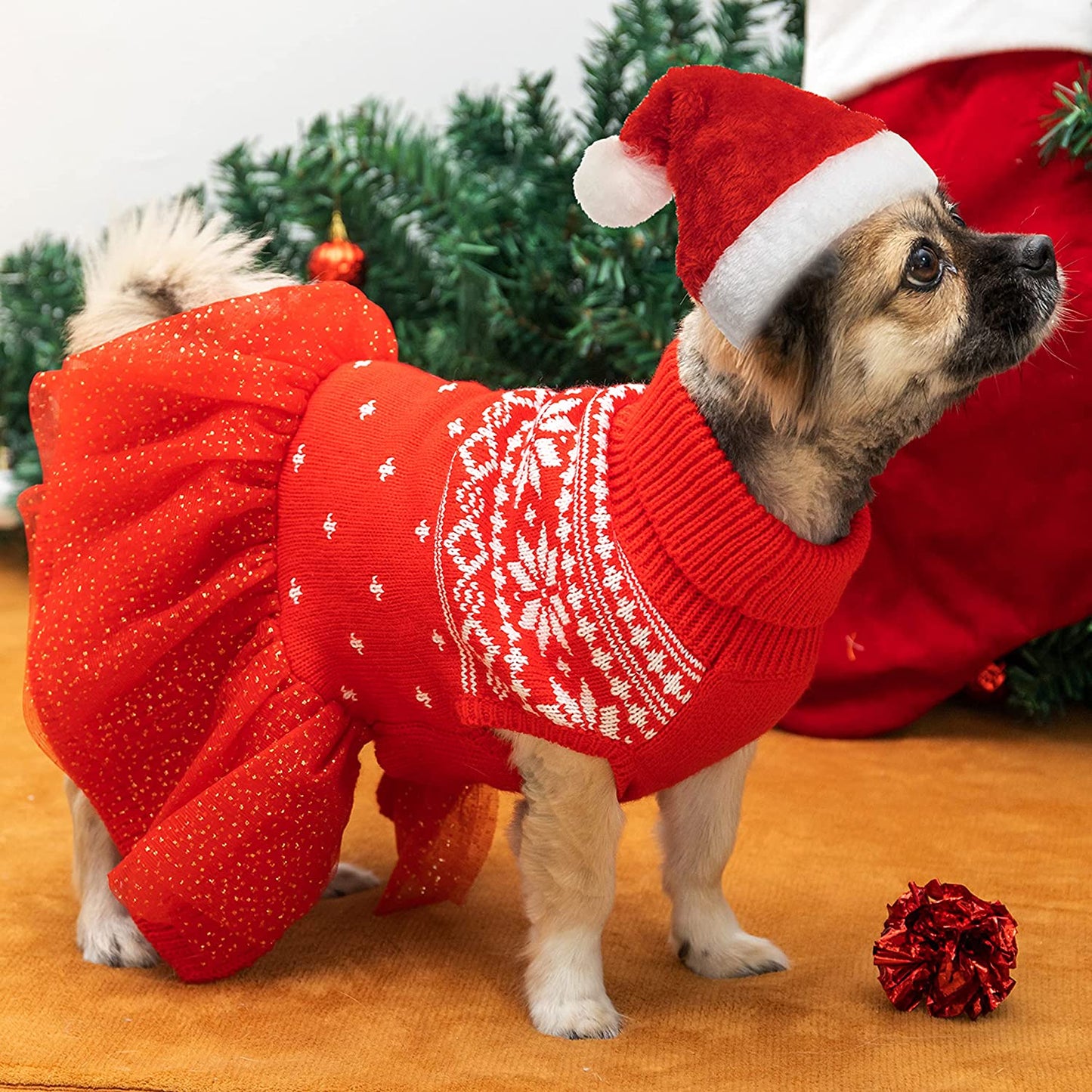 JVVGPET Christmas Dog Sweater Dress for Small Dog - Warm Winter Turtleneck Pullover Knitwear Dog Clothes with Leash Hole - Snowflake Pattern Cute Holiday Party Daily Wear Dog Puppy Sweater(Xxs) Animals & Pet Supplies > Pet Supplies > Dog Supplies > Dog Apparel JVVGPET   