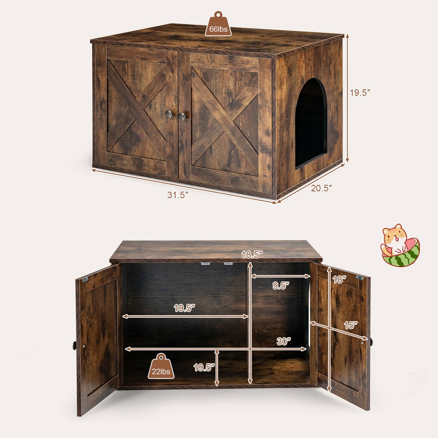 Gymax Wooden Cat Litter Box Enclosure Hidden Cabinet Furniture W/ Divider Pet House