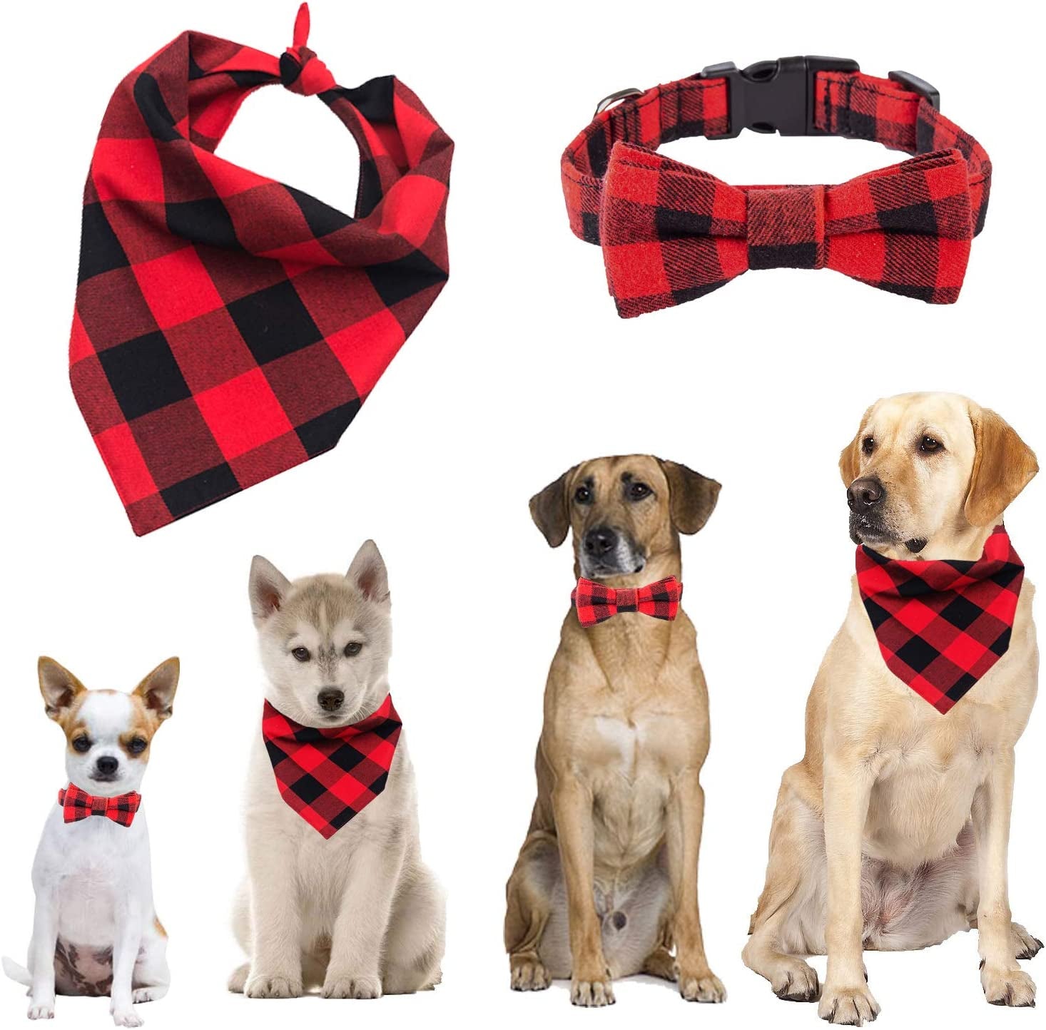 Dog Collar and Bandana Set ,Dog Collar Christmas Red and Black Plaid Bow Tie Dog Collar for Medium Adjustable Dog Collar for Large Dog Bandana Collar for Small Dogs Animals & Pet Supplies > Pet Supplies > Dog Supplies > Dog Apparel Siroomly   