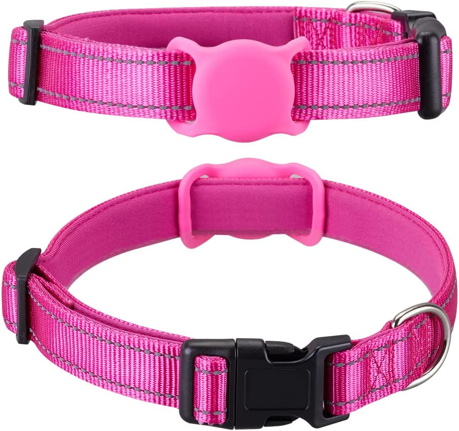 Airtag Dog Collar for Small Medium Large Dogs, Animire Soft Neoprene Padded Pet Cat Collar, Nylon Puppy Collar with Silicone Air Tag Case Holder Accessories, 9''-16'' Neck Electronics > GPS Accessories > GPS Cases Animire Pink L:14''-24'' Neck 