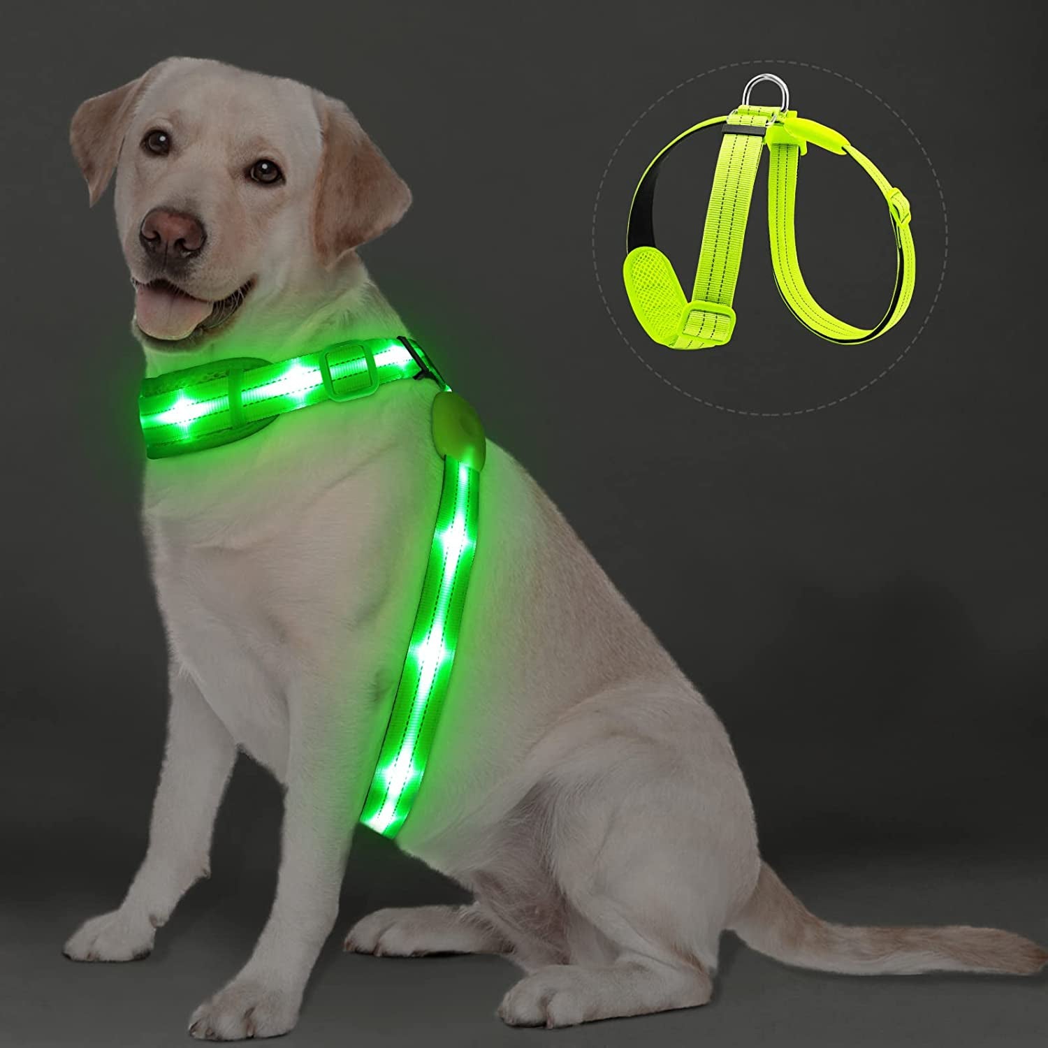 Pzrlit LED Light up Dog Vest Harness Rechargeable, Soft Padded, Adjustable & Reflective Lighted Dog Harness Waterproof, Glow Dark Dog Light Harness for Camping Night Safety Walking, Medium Blue Animals & Pet Supplies > Pet Supplies > Dog Supplies > Dog Apparel PZRLit Green XL Neck+Chest≤175cm(68") 