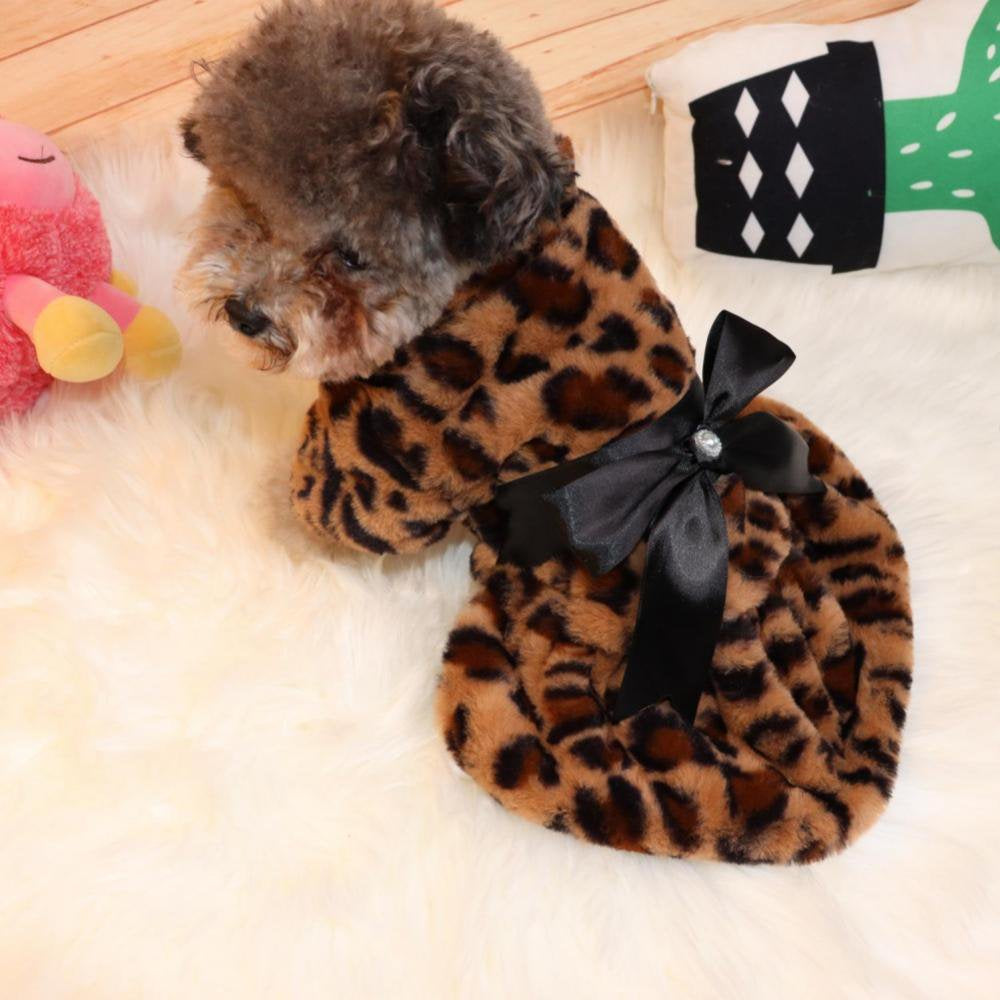 Hazel Tech Warm Pet Dog Dress Bowknot Leopard Dogs Skirt Fleece Soft for Small Puppy Dresses Pet Dog Cats Clothes Chihuahua Pug Apparel Animals & Pet Supplies > Pet Supplies > Cat Supplies > Cat Apparel Hazel Tech   