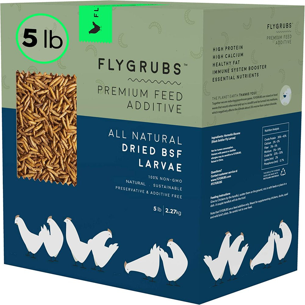 FLYGRUBS Non-Gmo Dried Black Soldier Fly Larvae Chicken Feed, BSF Larvae Treats for Hens, Ducks, Birds, 5 Lbs