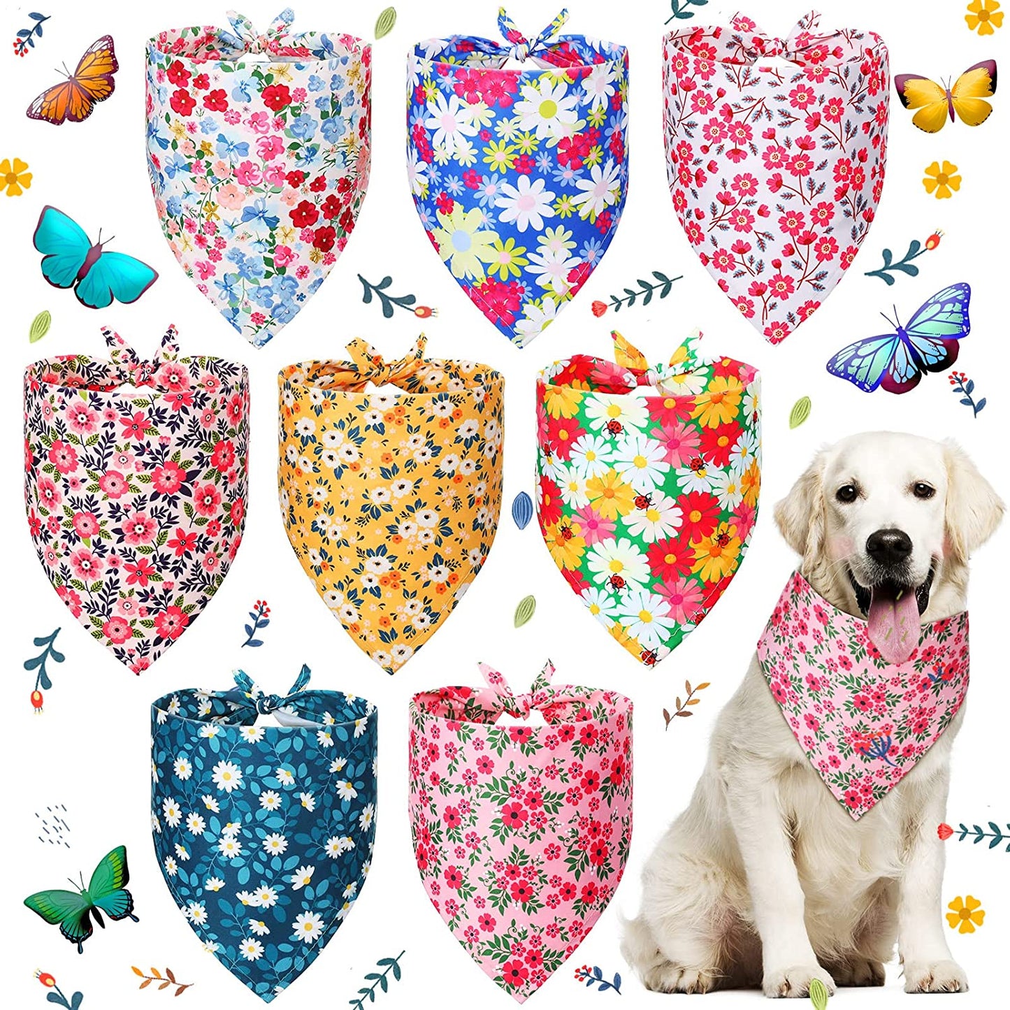 8 Pieces Summer Dog Bandanas Flower Print Reversible Triangle Bibs Floral Puppy Scarf Kerchief Accessories for Dogs Cats Pets (Cute Flower Patterns,Xl) Animals & Pet Supplies > Pet Supplies > Dog Supplies > Dog Apparel Weewooday Cute Flower Patterns L 