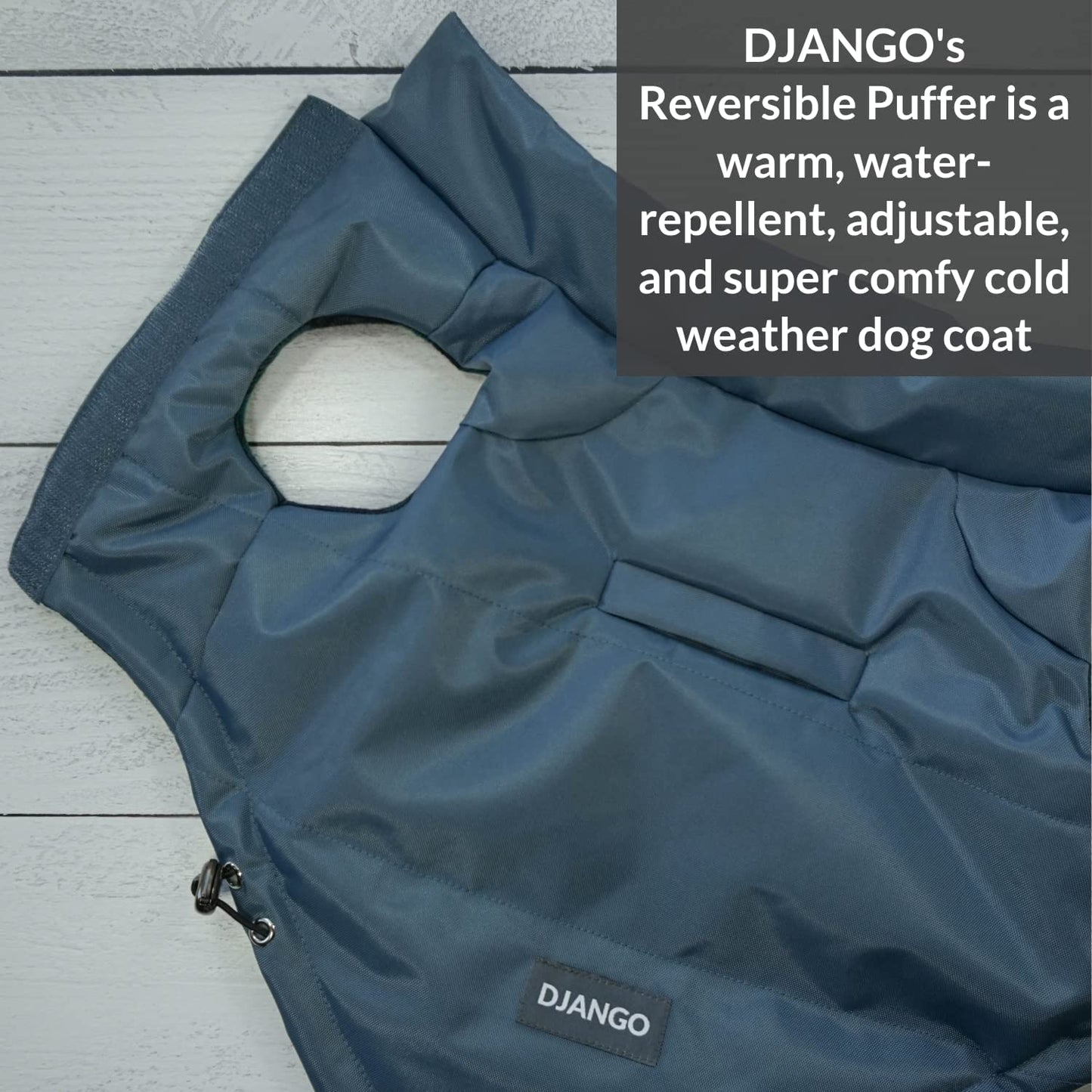 DJANGO Puffer Dog Jacket and Reversible Cold Weather Dog Coat—Water-Repellent and Adjustable Dog Jacket with Windproof Protection, Easy-Access Leash Portal, and Velcro Closure (Medium, Twilight Blue) Animals & Pet Supplies > Pet Supplies > Dog Supplies > Dog Apparel DJANGO   