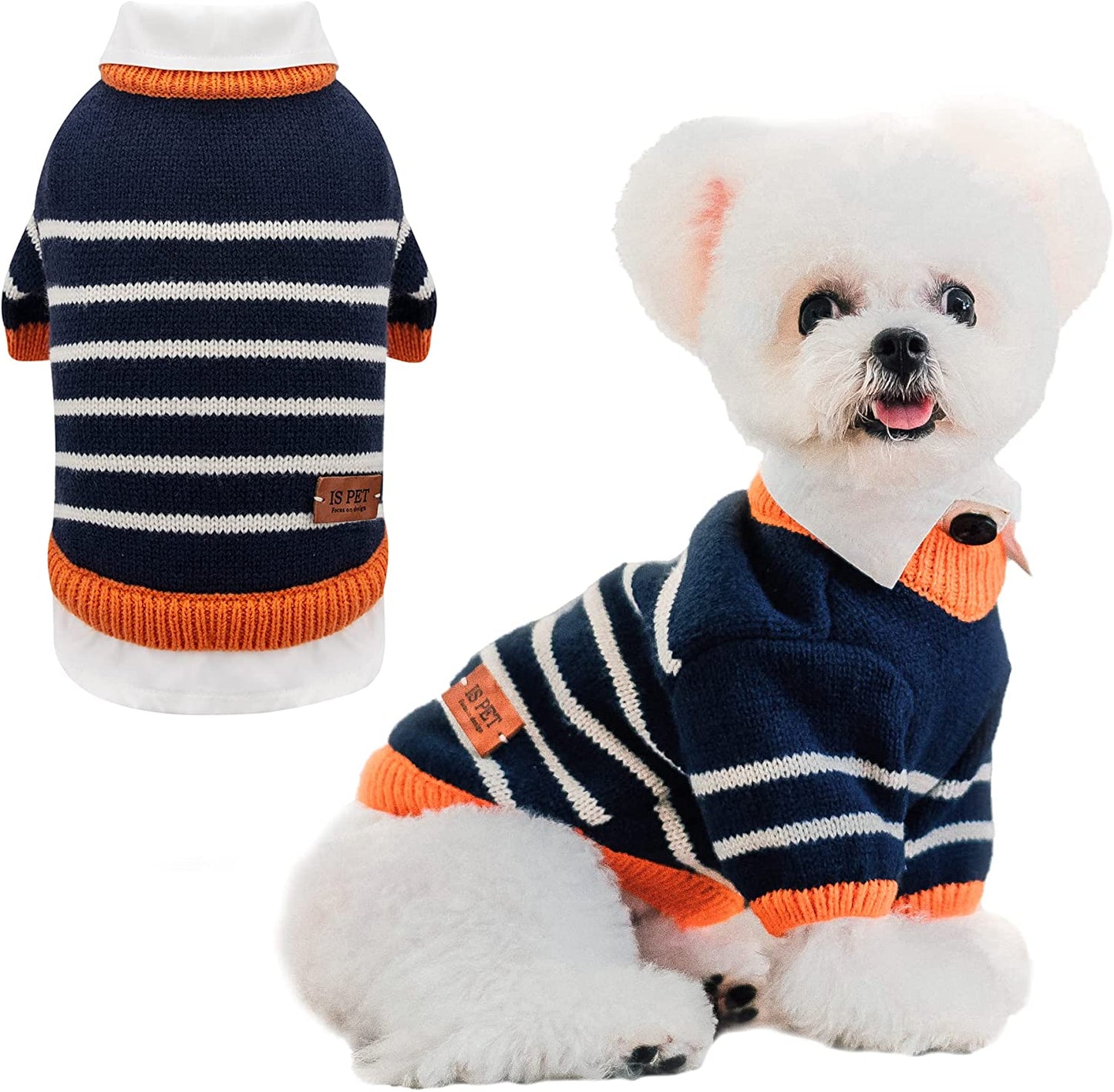 ISPET Small Dog Sweater, Patchwork Stripes Dog Sweatshirt Knitted Pet Winter Clothes Soft Thickening Cat Coat for Tiny Small Dogs, Navy Blue X-Large Animals & Pet Supplies > Pet Supplies > Dog Supplies > Dog Apparel IS PET DESIGNER PETWEAR Navy Blue X-large(12.12 lb-17.08lb) 