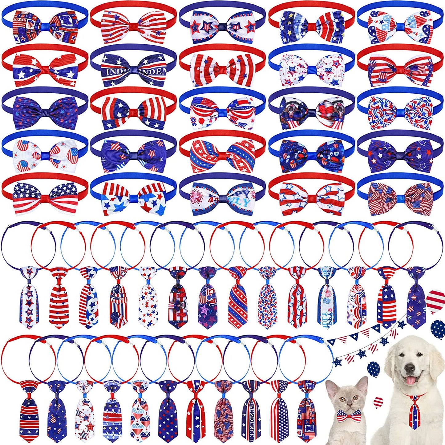 50 Pieces Summer Pet Dog Bow Tie Collar Set Includes 25 Dog Neckties and 25 Dog Bow Ties Adjustable Dog Bowties Neckties Collars for Dogs Cat Decoration Animals & Pet Supplies > Pet Supplies > Dog Supplies > Dog Apparel Saintrygo Flag Pattern  