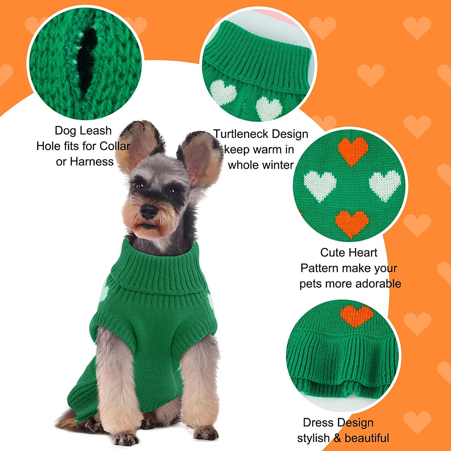 Kuoser Dog Sweater, Knitwear Turtleneck Winter Warm Puppy Clothing, Heart Pullover Pet Coat Cute Dog Sweater Dress for Small & Medium Dogs Cats with Leash Hole Xs-Xl(Green,Xl) Animals & Pet Supplies > Pet Supplies > Dog Supplies > Dog Apparel Kuoser   