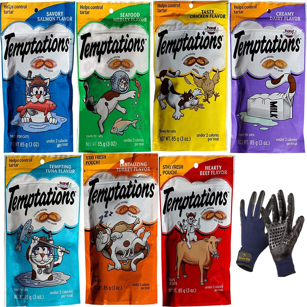 Temptations Cat Treats Variety Pack, Bundle of 7 Flavors (Chicken, Tuna, Salmon, Turkey, Beef, Creamy Dairy and Seafood Medley) with a Pair of Cat Grooming Gloves Animals & Pet Supplies > Pet Supplies > Cat Supplies > Cat Treats Mars Petcare   